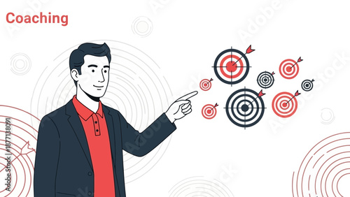Business Coach Points to Multiple Targets, Goal Achievement Concept