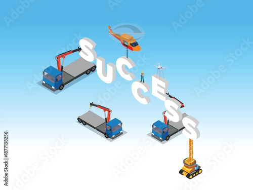 Business Success Construction with Heavy Machinery and Logistics 3d isometric vector illustration