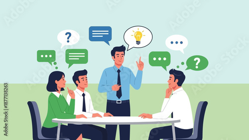 Team brainstorming ideas, business meeting, innovation, conversation, light bulb concept