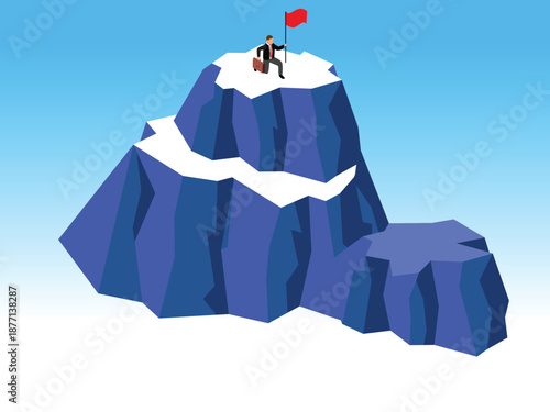 Business Success Concept with Businessman Planting Red Flag on Mountain Top 3d isometric vector illustration