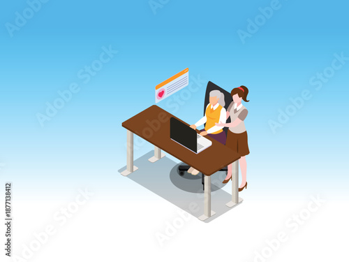Elderly Care and Digital Literacy Training for Seniors 3d isometric vector illustration
