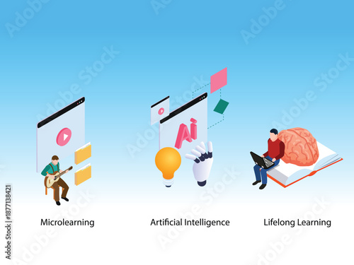 Educational Icons for Microlearning, Artificial Intelligence, and Lifelong Learning 3d isometric vector illustration