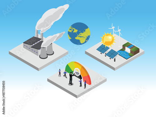 Sustainable Energy Transition and Industrial Carbon Emission Monitoring Concept 3d isometric vector illustration