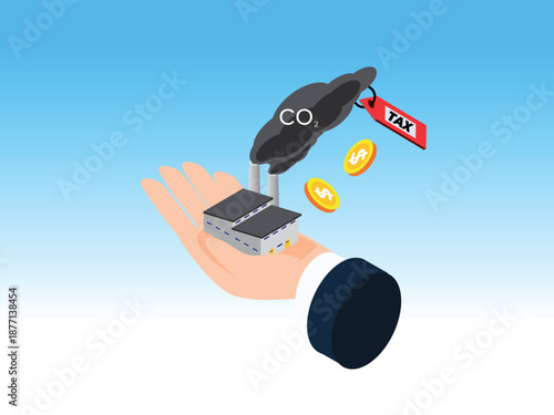 Carbon Tax and Industrial CO2 Emission Impact Concept 3d isometric vector illustration