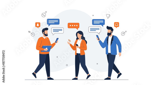 People communicating with smartphones, chat bubbles, social media concept