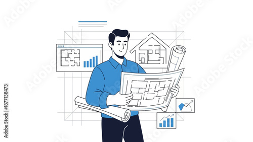 Architect reviewing building plans and blueprints, with house sketch and graphs