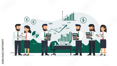 Business Team Analyzing Financial Growth Charts and Data with Calculators