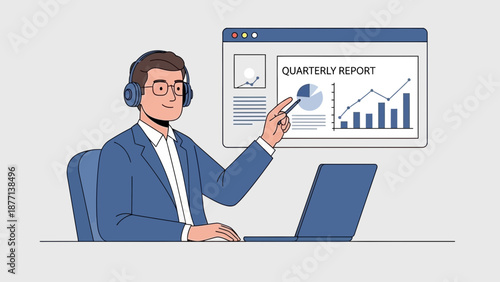 Businessman analyzing quarterly report on screen with laptop and headphones