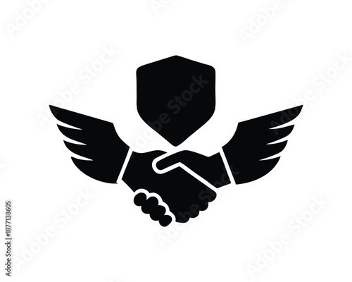 Black Silhouette Icon of a Shield with Wings and Handshake agreement partnership