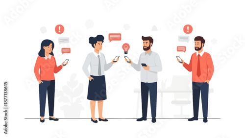 Diverse people communicating online via smartphones, sharing ideas and messages