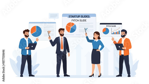 Business Team Presenting Startup Pitch Slides with Charts and Graphs