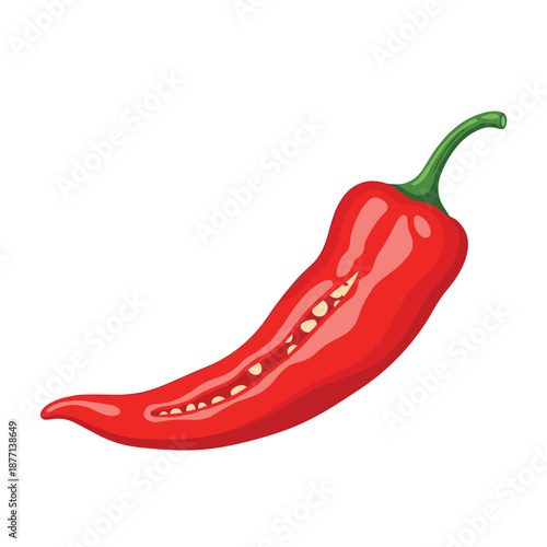 Illustration of a spicy red chili pepper cut open to reveal internal seeds and white membranes on white background.