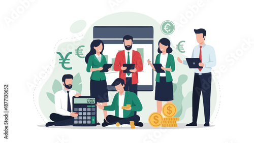 Teamwork in Finance: People Calculate Money and Currency Symbols