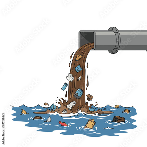 Environmental concept showing industrial waste and trash pouring from a large pipe into the ocean causing pollution.