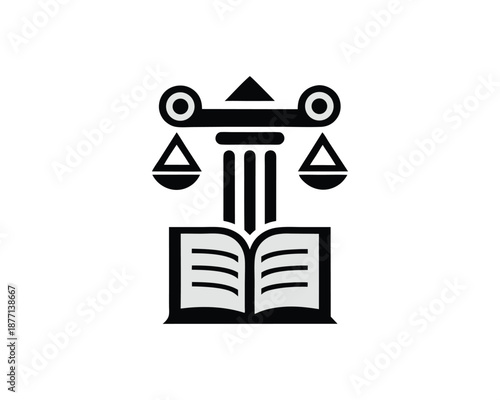 Black Silhouette Icon of Justice Scales and Open Book on White Background legal scales of justice