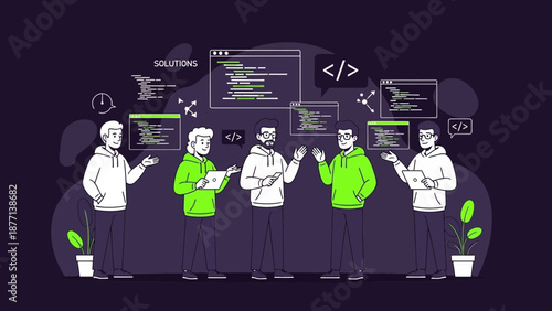 Teamwork coding solutions concept, developers discussing code and strategy