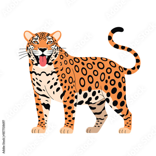 Stylized illustration of a jaguar with characteristic spots and a long tail standing and looking forward on white.
