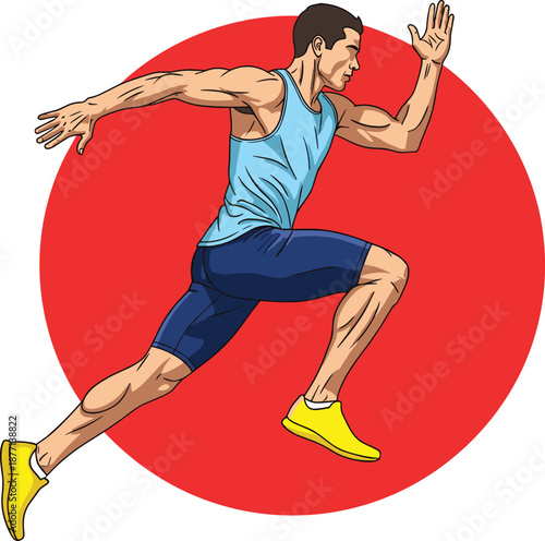 Athletic Young Man Running Fast In Front Of Red Circle Background For Fitness Motivation Sports Training Healthy Lifestyle Marathon Sprinting And Exercise Vector Illustration