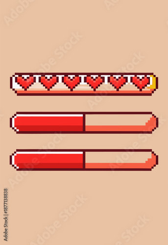 Pixel Art Health Bar Set with Hearts Gaming Interface