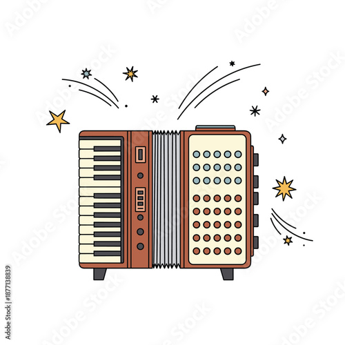 Musical illustration of a brown accordion with piano keys and buttons surrounded by festive stars and sparkles.