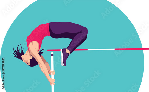 Athlete performing high jump mid-air with arched back and pole support, ideal for sports, motion, fitness, and track and field illustrations.
