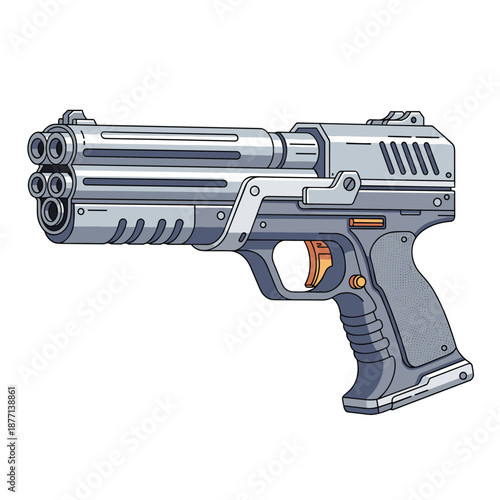 Illustration of a futuristic multi-barrel handgun with a sleek metallic design and tactical details on white.