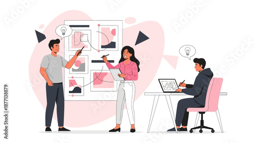 Teamwork and Brainstorming: People planning on whiteboard and laptop