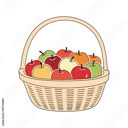 Wicker basket filled with a variety of colorful apples in red, yellow, green, and orange shades on white background.