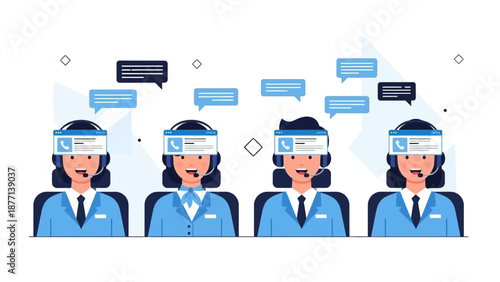 Customer service team with headsets and chat bubbles, flat illustration