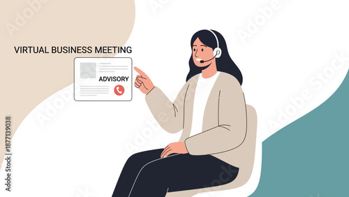 Woman in headset participating in virtual business meeting advisory call