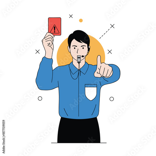 Male sports referee in a blue shirt blowing a whistle and holding up a red card with a warning symbol during an intense football match.