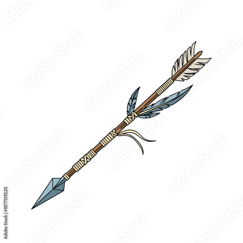 Detailed illustration of a traditional indigenous arrow with a sharp stone tip and blue feathers tied with cord on a white background.