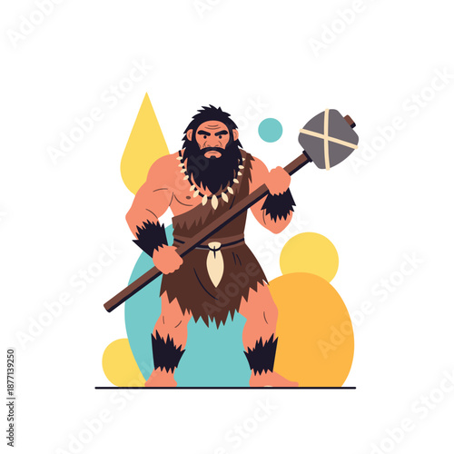 Cartoon character design of a powerful prehistoric caveman holding a large stone club and wearing a primitive fur outfit and necklace.