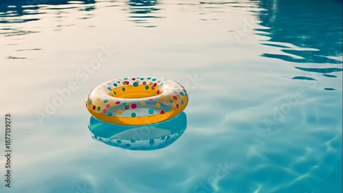 Inflatable Donut Float Drifting on Calm Swimming Pool Water Surface