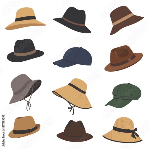 Collection of various stylish hats including fedoras, baseball caps, and wide-brimmed sun hats in different neutral earth tones.