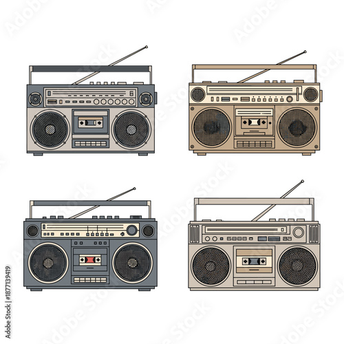 Set of four different retro boombox cassette players in various colors including grey, tan, and dark blue isolated on a white background.