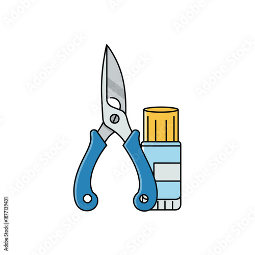 Pair of blue-handled garden shears or pruning clippers next to a white and yellow glue stick container isolated on a white background.