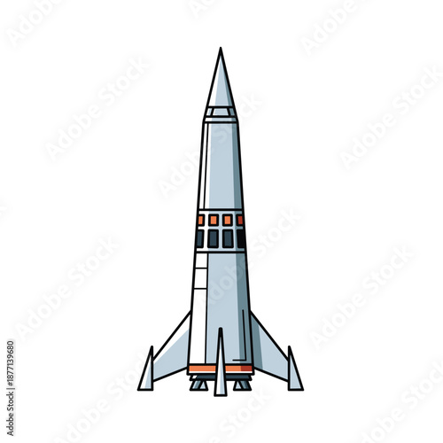 Futuristic silver space rocket or missile with orange accents and stabilizing fins prepared for vertical takeoff mission.