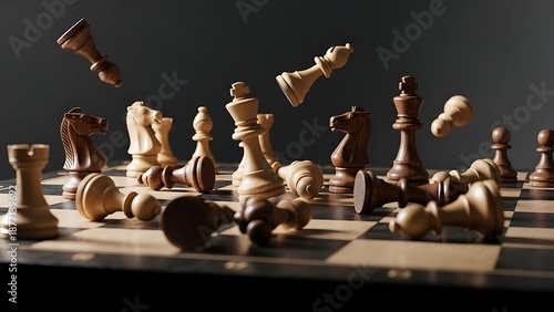 Dynamic scene of numerous wooden chess pieces in various states of disarray, some falling and others scattered across a chessboard, depicting strategic chaos and an unpredictable game outcome