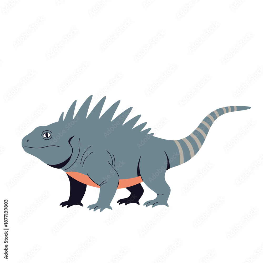 Fototapeta premium Marine iguana lizard illustration with blue-grey scales and an orange underside shown in a standing profile view.