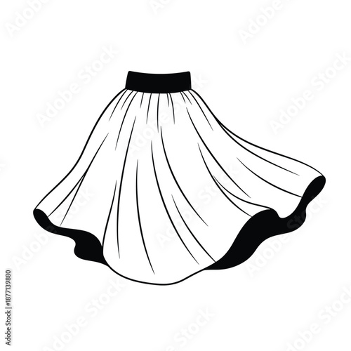 Black and white illustration of a full flared skirt flowing and twirling as if caught in a breeze for fashion design.