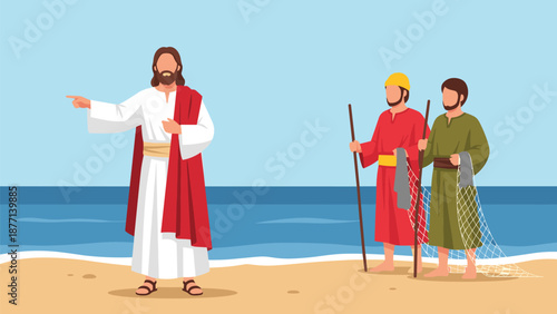 Biblical vector illustration of Jesus calling fishermen disciples on beach, featuring robes, staff, nets, and ocean background in religious storytelling style.