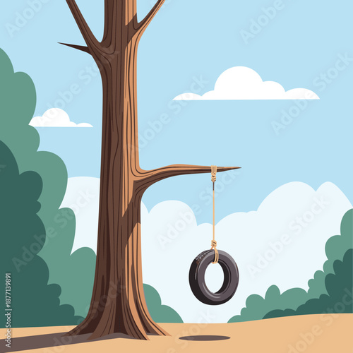 Classic tire swing hanging from a sturdy tree branch by a rope in a peaceful forest clearing under a blue sky.