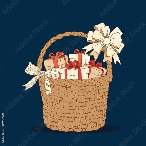 Wicker gift basket filled with wrapped presents and decorated with large bows against a dark blue background.