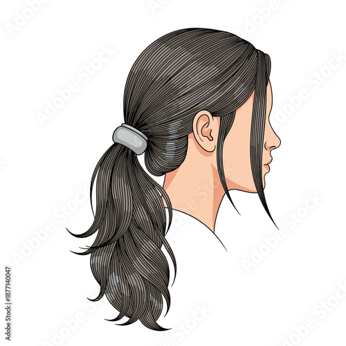 Side view profile of a young woman with her dark hair tied back in a high ponytail for beauty and hair salon themes.