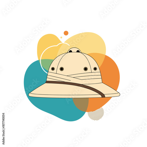 Classic pith helmet for safari and exploration adventures isolated on an abstract colorful background design for travel.