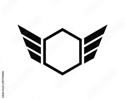 Hexagonal Shield with Stylized Wings Icon Keywords: hexagon, shield, wings, icon, symbol, logo, emblem, graphic