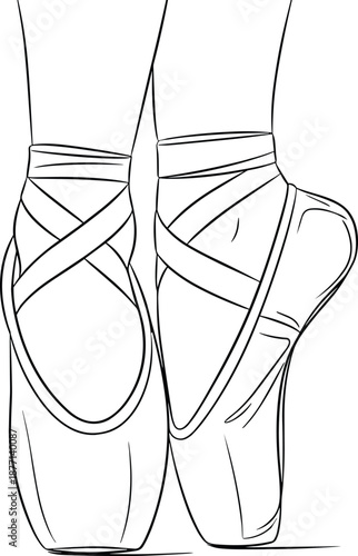 Black and white line drawing of ballet pointe shoes worn en pointe, capturing elegance, balance, and technical precision for dance-themed graphic design.