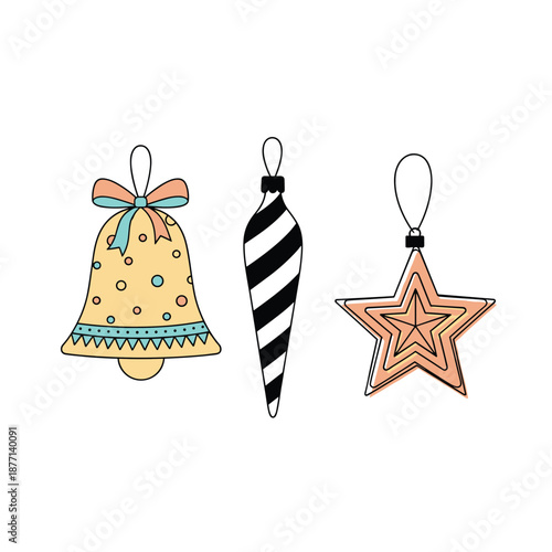 Collection of three Christmas ornaments including a bell, a spindle, and a star for winter holiday decoration and joy.