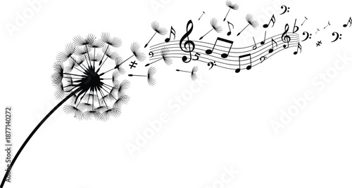 Black Dandelion Silhouette Illustration Transforming into Musical Notes and Staff Lines Representing Creative Inspiration Harmony Nature and Artistic Freedom for Graphic Design Projects